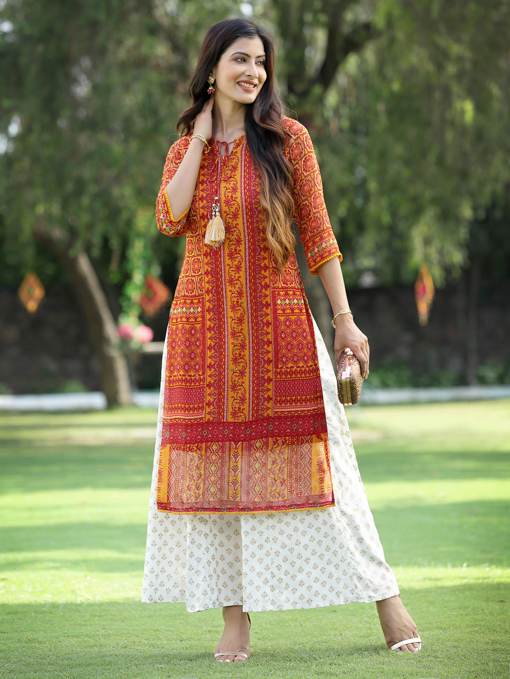 Juniper Womens Mustard Chiffon Printed Straight Kurta | Grocsy