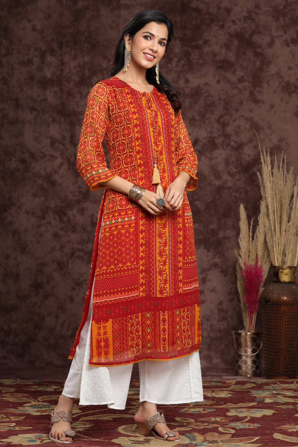 Juniper Women's Mustard Chiffon Printed Straight Kurta | Grocsy