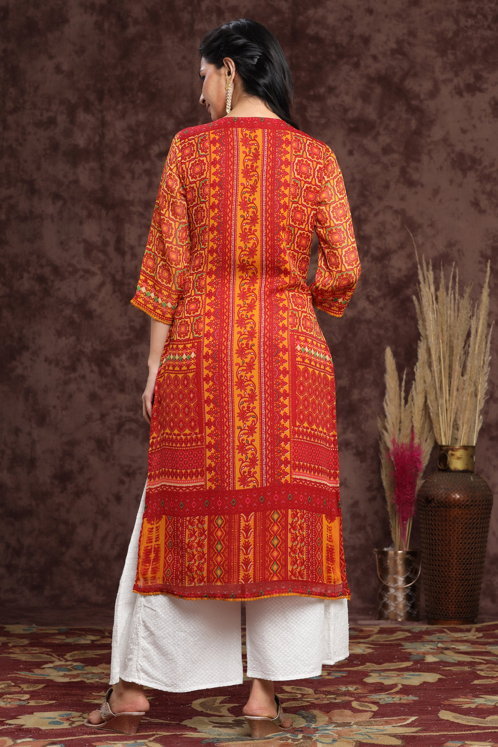 Juniper Women's Mustard Chiffon Printed Straight Kurta | Grocsy