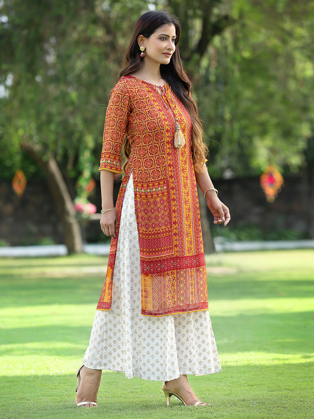 Juniper Womens Mustard Chiffon Printed Straight Kurta | Grocsy