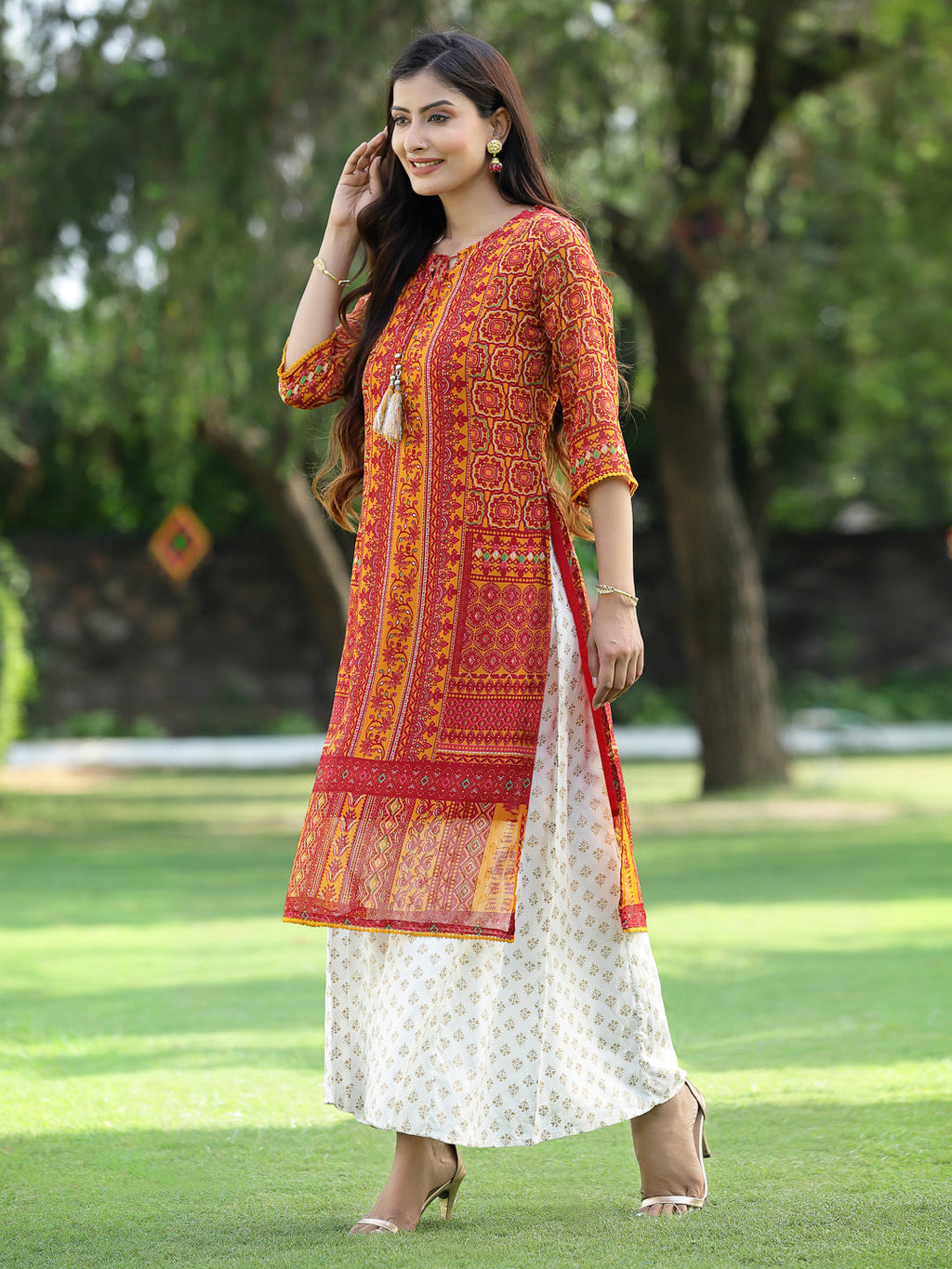 Juniper Womens Mustard Chiffon Printed Straight Kurta | Grocsy
