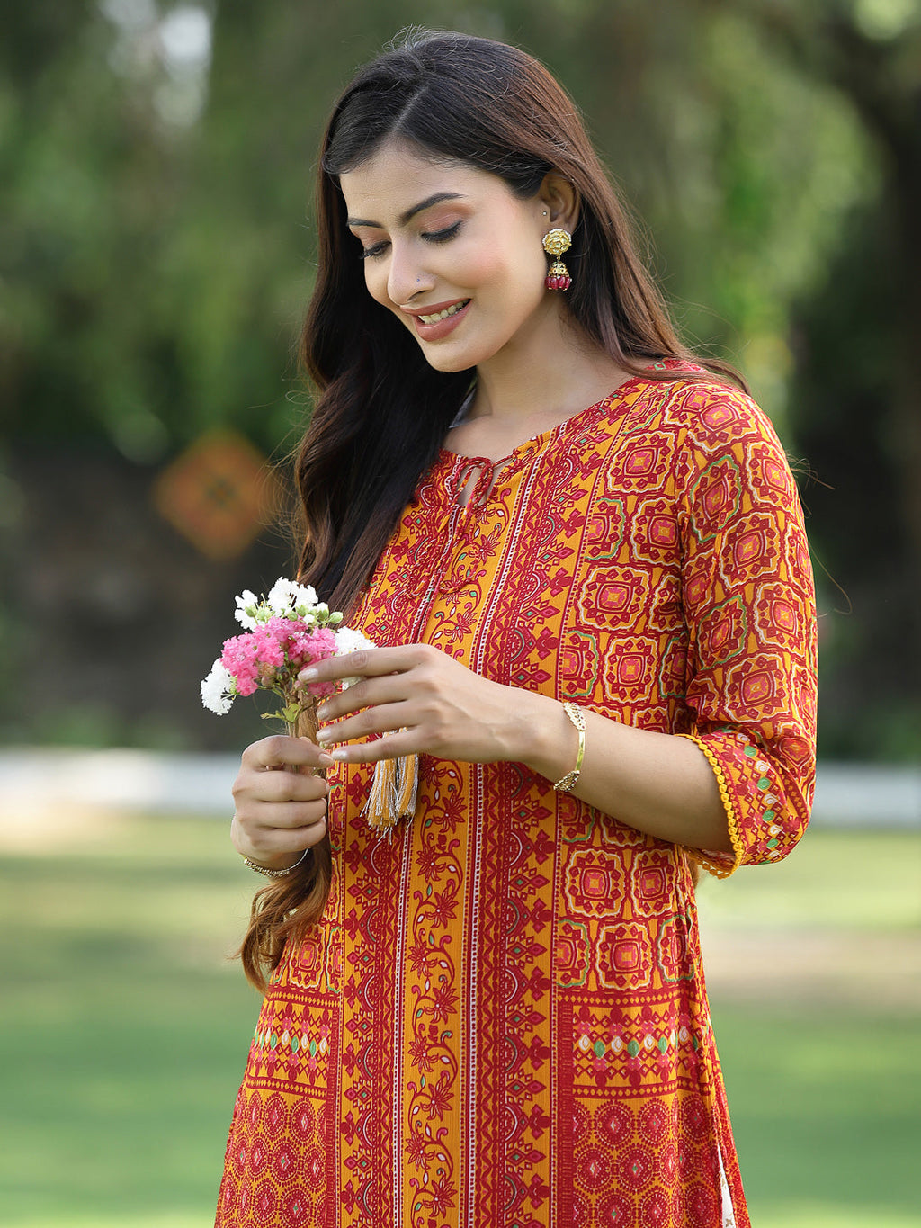 Juniper Womens Mustard Chiffon Printed Straight Kurta | Grocsy