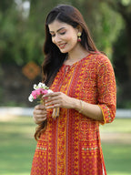 Juniper Womens Mustard Chiffon Printed Straight Kurta | Grocsy