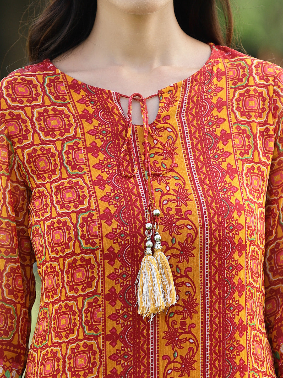 Juniper Womens Mustard Chiffon Printed Straight Kurta | Grocsy