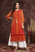 Juniper Women's Mustard Chiffon Printed Straight Kurta | Grocsy