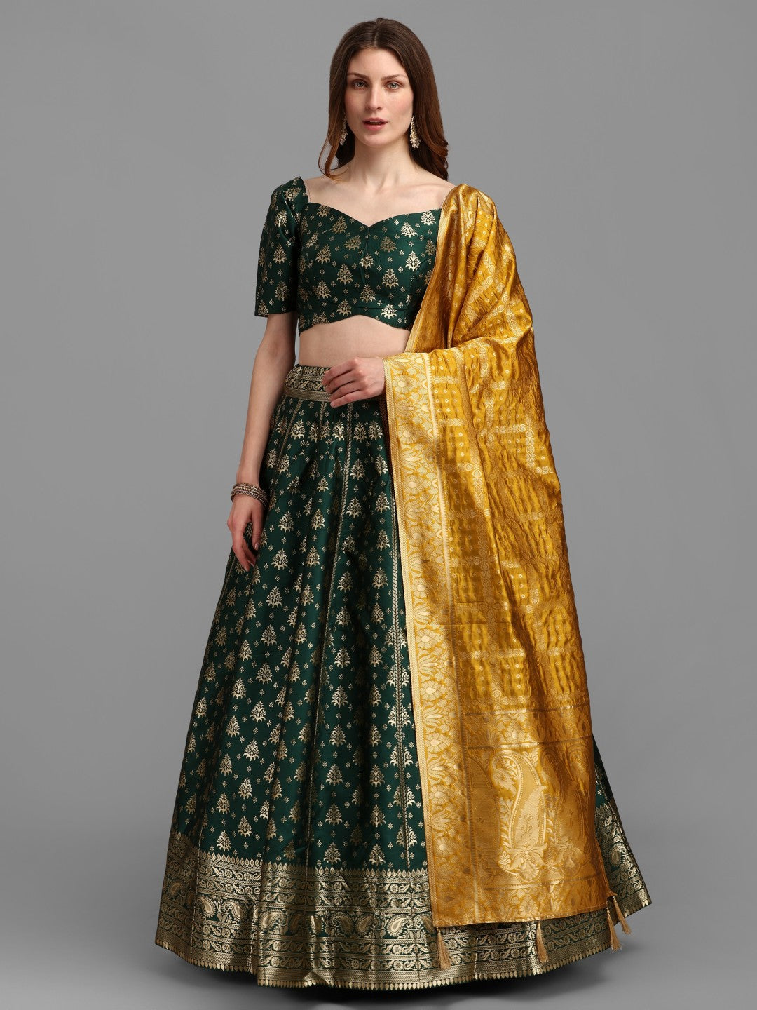 Lorenvalley Fashion Green Brocade Fabric Lehenga & Unstitched Blouse With Dupatta | Grocsy