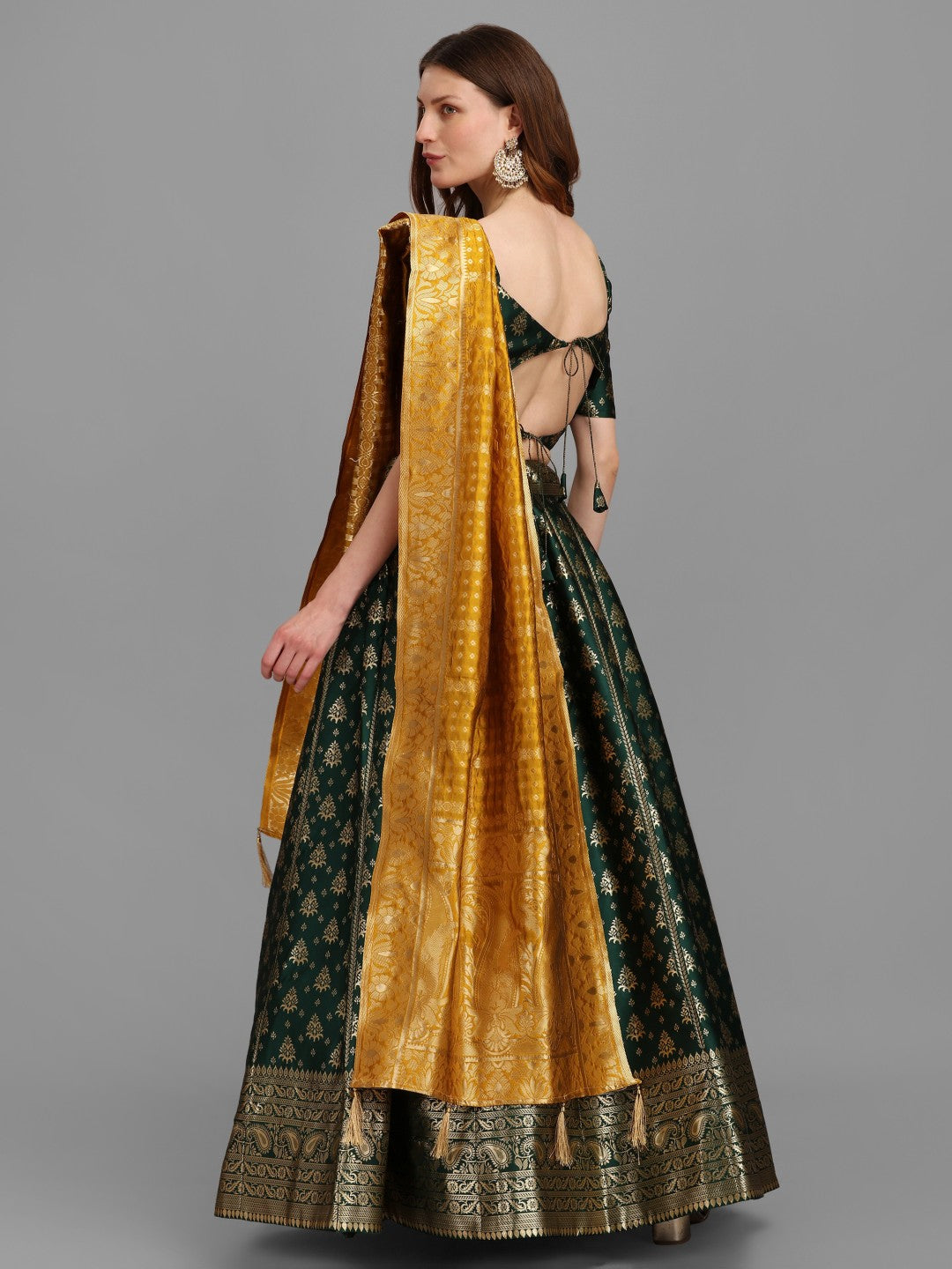 Lorenvalley Fashion Green Brocade Fabric Lehenga & Unstitched Blouse With Dupatta | Grocsy