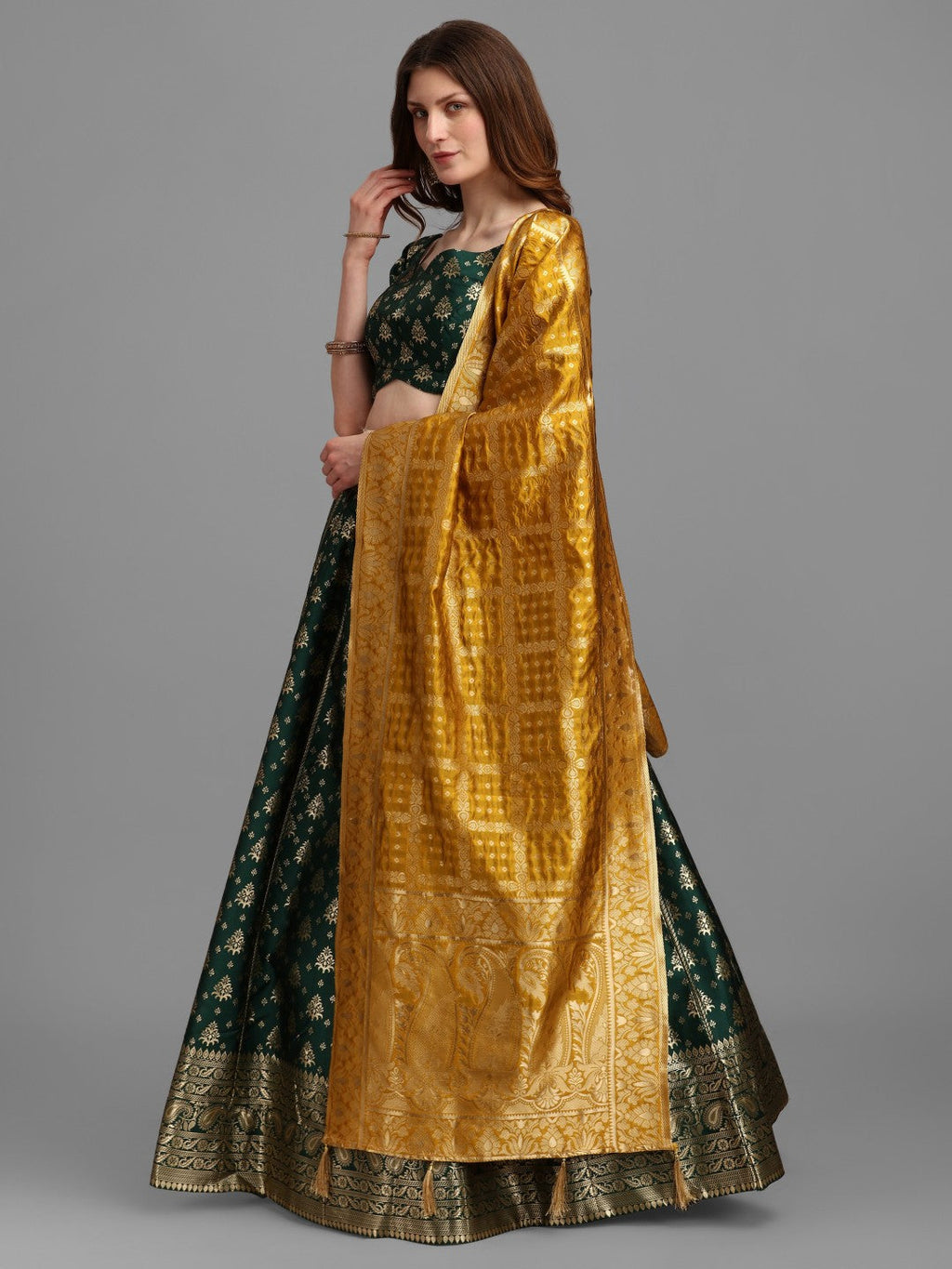 Lorenvalley Fashion Green Brocade Fabric Lehenga & Unstitched Blouse With Dupatta | Grocsy