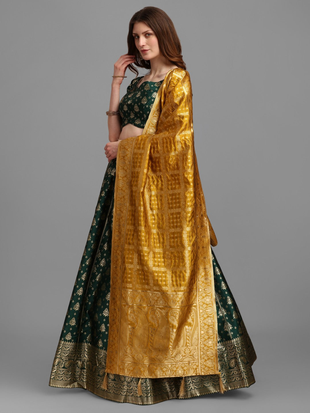 Lorenvalley Fashion Green Brocade Fabric Lehenga & Unstitched Blouse With Dupatta | Grocsy