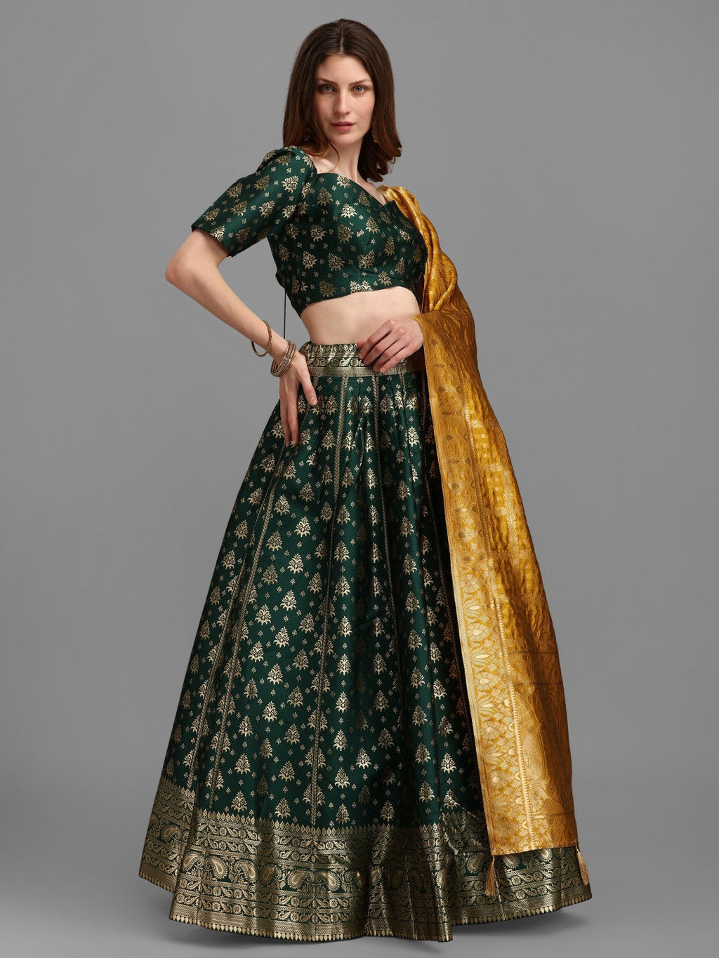 Lorenvalley Fashion Green Brocade Fabric Lehenga & Unstitched Blouse With Dupatta | Grocsy