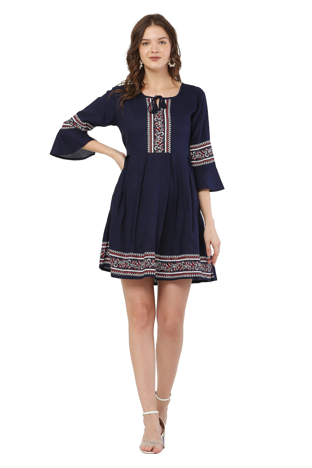 PAVONINE Navy Blue Color Rayon Fabric Printed Short Midi For Girls | Grocsy