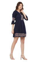 PAVONINE Navy Blue Color Rayon Fabric Printed Short Midi For Girls | Grocsy