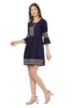 PAVONINE Navy Blue Color Rayon Fabric Printed Short Midi For Girls | Grocsy