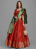 Lorenvalley Fashion Red Brocade Fabric Lehenga & Unstitched Blouse With Dupatta | Grocsy
