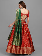 Lorenvalley Fashion Red Brocade Fabric Lehenga & Unstitched Blouse With Dupatta | Grocsy