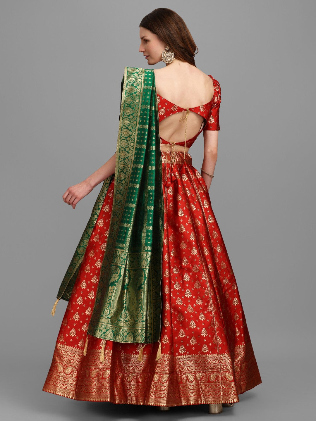 Lorenvalley Fashion Red Brocade Fabric Lehenga & Unstitched Blouse With Dupatta | Grocsy