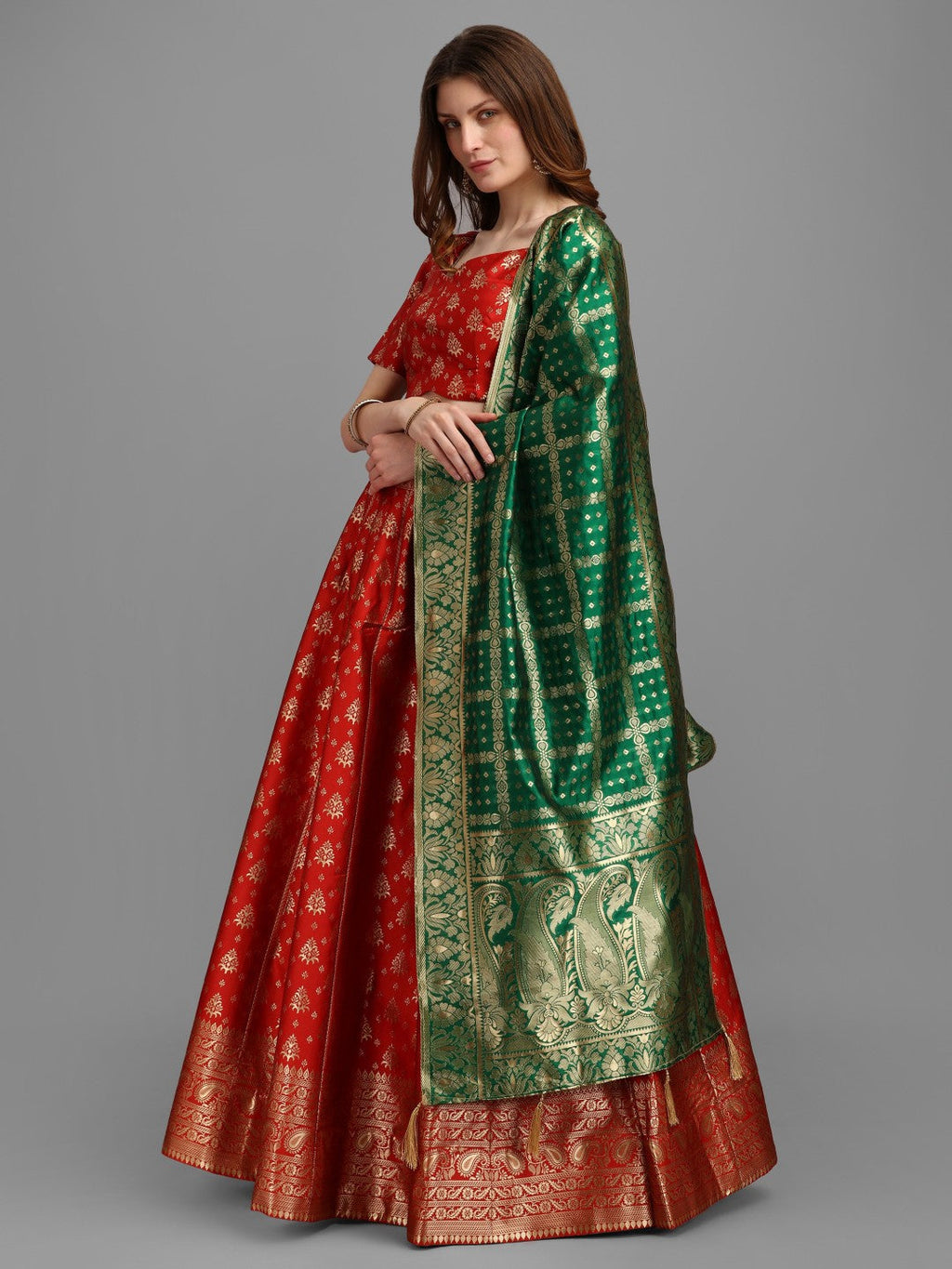Lorenvalley Fashion Red Brocade Fabric Lehenga & Unstitched Blouse With Dupatta | Grocsy