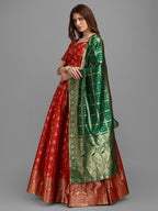 Lorenvalley Fashion Red Brocade Fabric Lehenga & Unstitched Blouse With Dupatta | Grocsy
