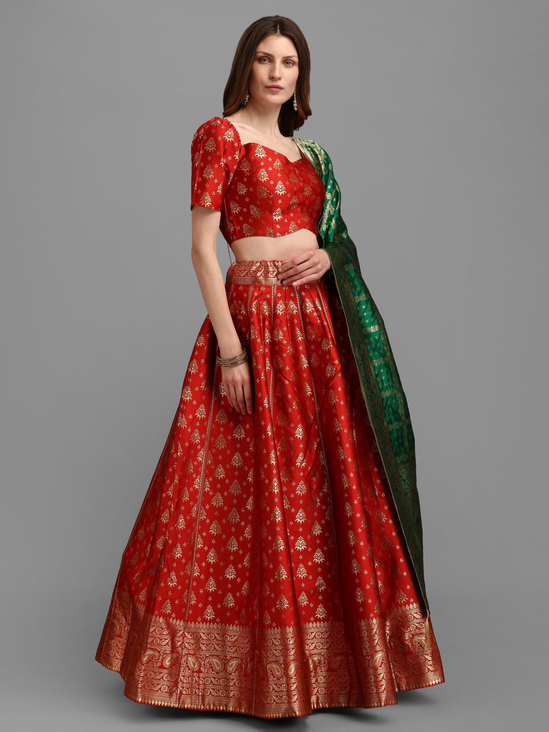 Lorenvalley Fashion Red Brocade Fabric Lehenga & Unstitched Blouse With Dupatta | Grocsy
