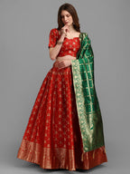Lorenvalley Fashion Red Brocade Fabric Lehenga & Unstitched Blouse With Dupatta | Grocsy