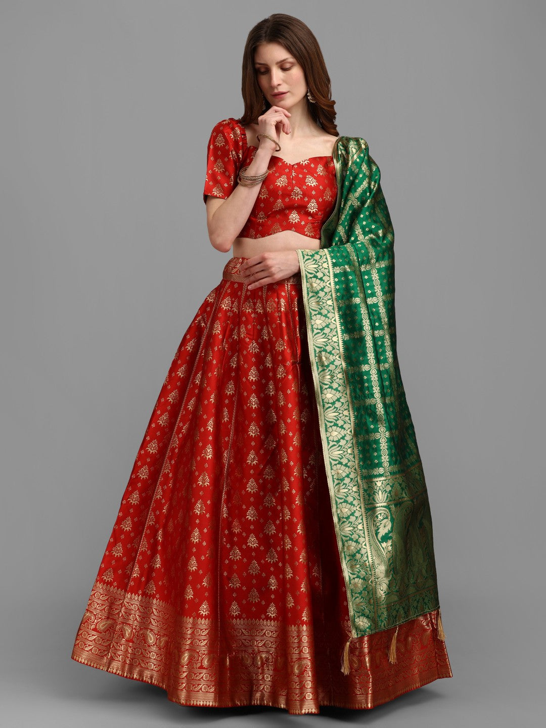 Lorenvalley Fashion Red Brocade Fabric Lehenga & Unstitched Blouse With Dupatta | Grocsy