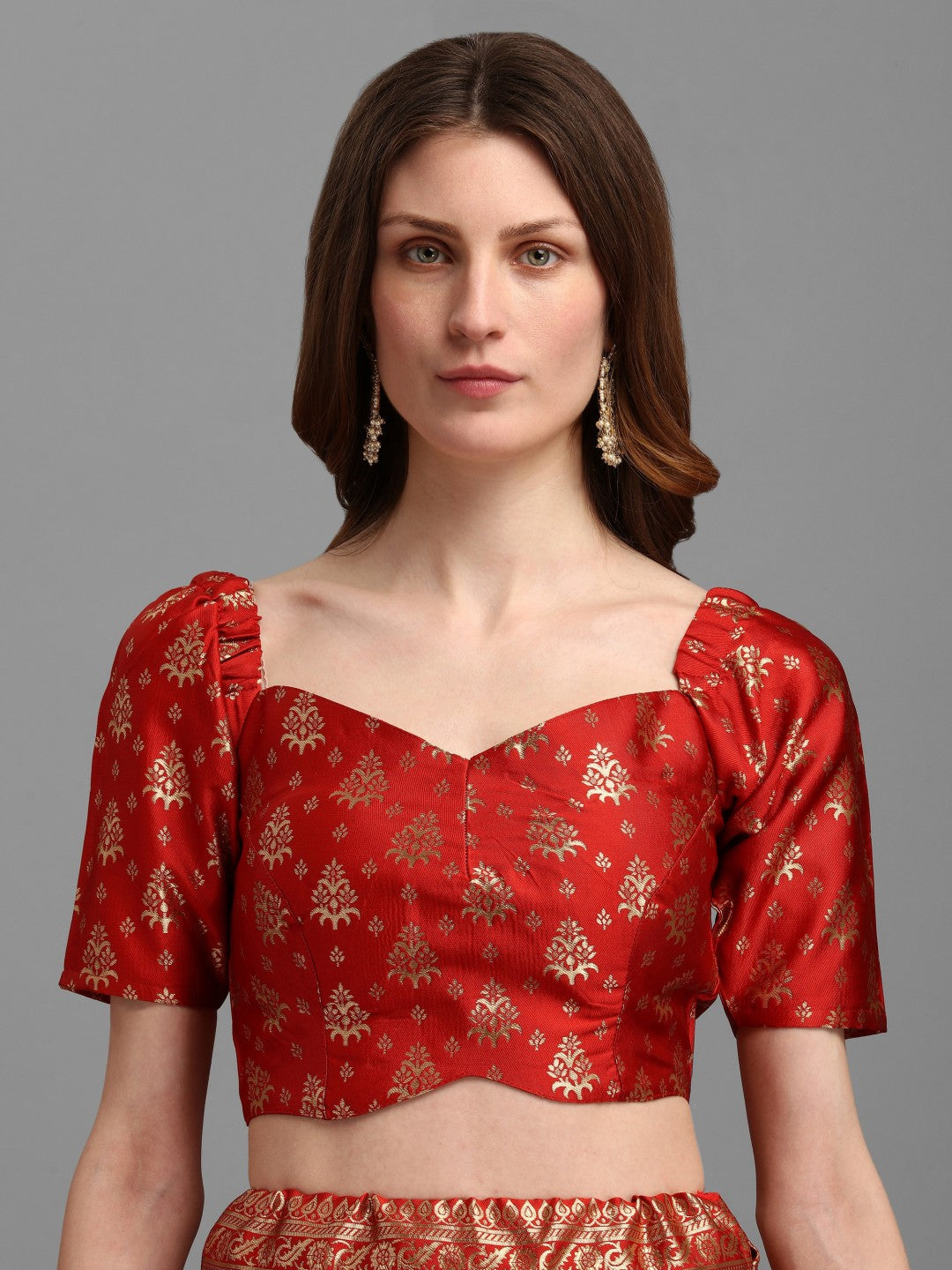 Lorenvalley Fashion Red Brocade Fabric Lehenga & Unstitched Blouse With Dupatta | Grocsy