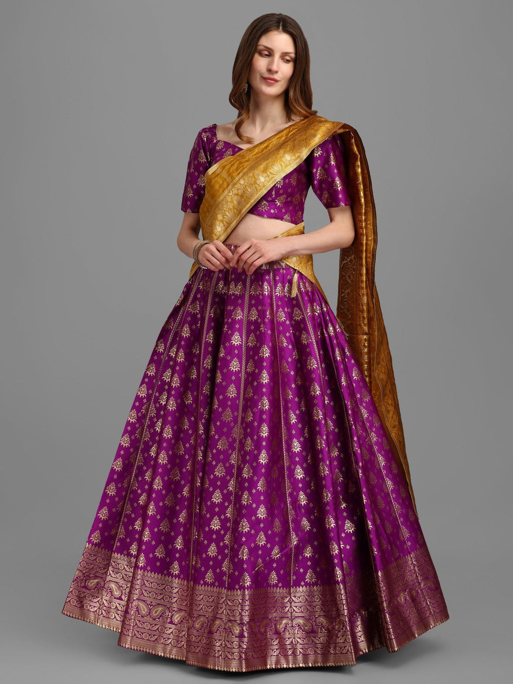 Lorenvalley Fashion Purple Brocade Fabric Lehenga & Unstitched Blouse With Dupatta | Grocsy