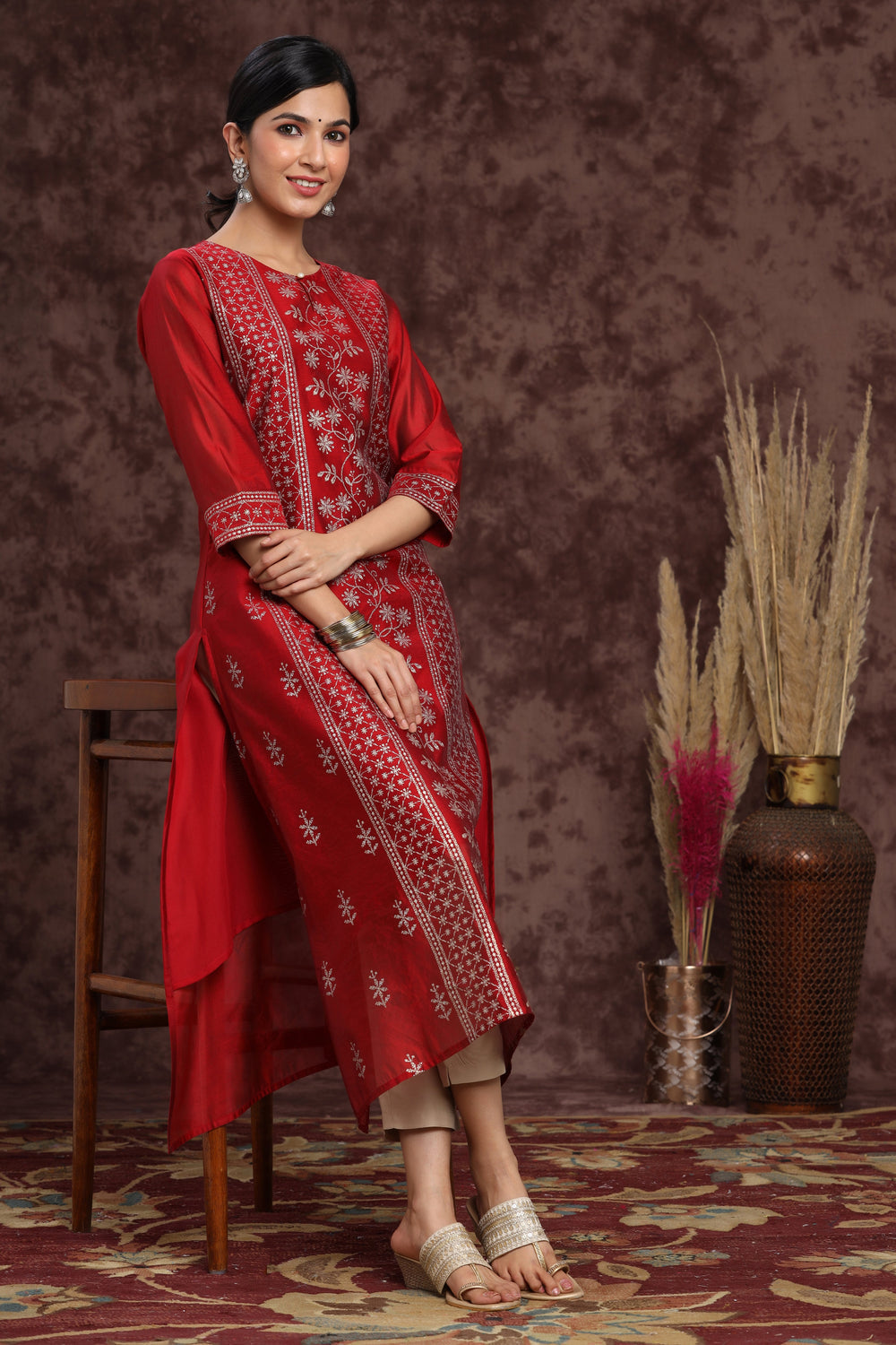 Juniper Women's Maroon Modal Chanderi Printed Straight Kurta | Grocsy