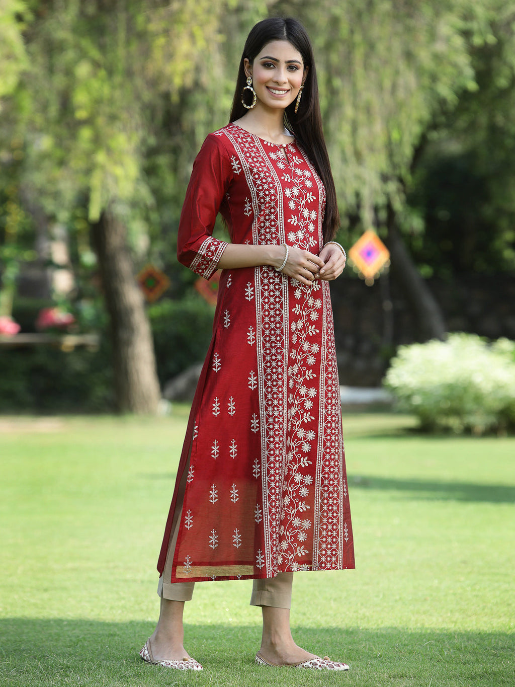 Juniper Womens Maroon Modal Chanderi Foil Printed Straight Kurta | Grocsy