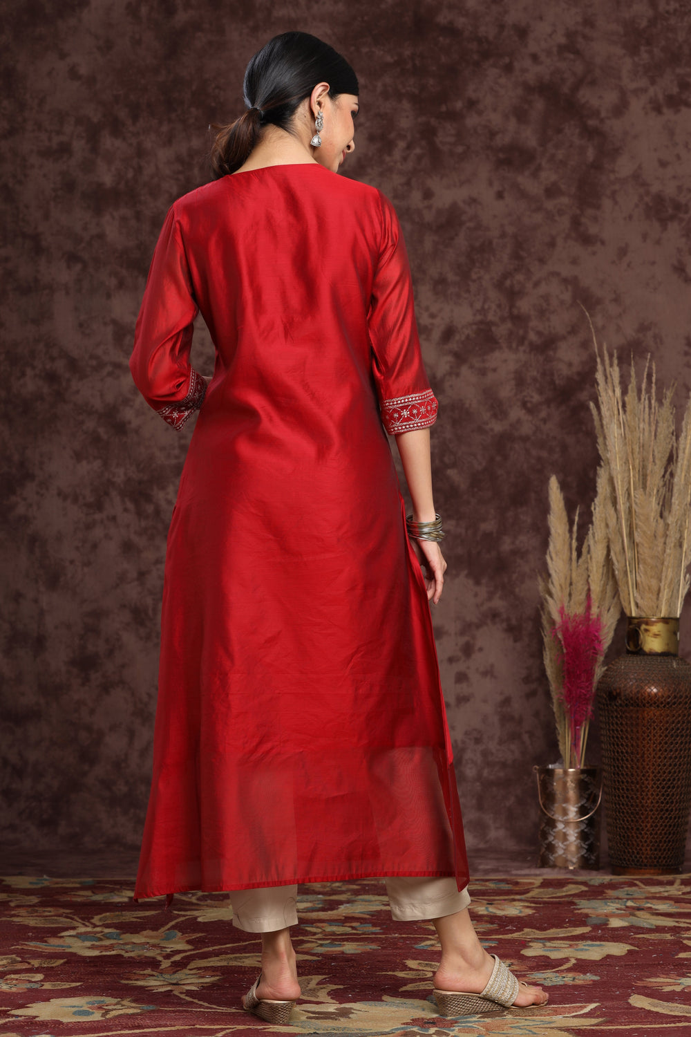 Juniper Women's Maroon Modal Chanderi Printed Straight Kurta | Grocsy