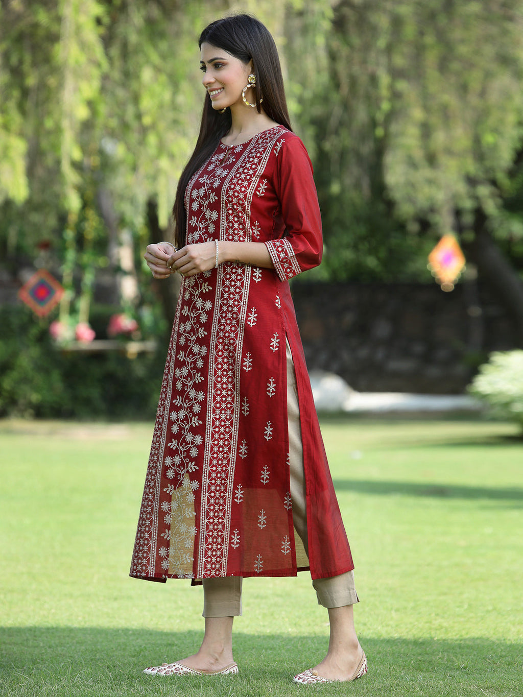 Juniper Womens Maroon Modal Chanderi Foil Printed Straight Kurta | Grocsy