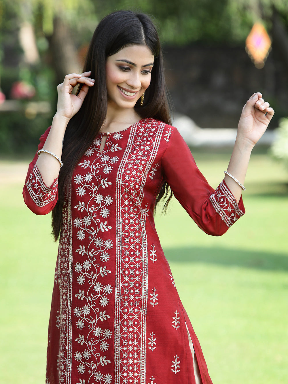 Juniper Women's Maroon Modal Chanderi Printed Straight Kurta | Grocsy