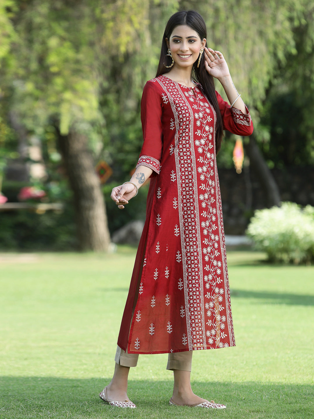 Juniper Womens Maroon Modal Chanderi Foil Printed Straight Kurta | Grocsy