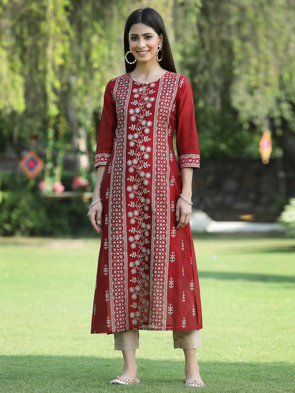 Juniper Womens Maroon Modal Chanderi Foil Printed Straight Kurta | Grocsy
