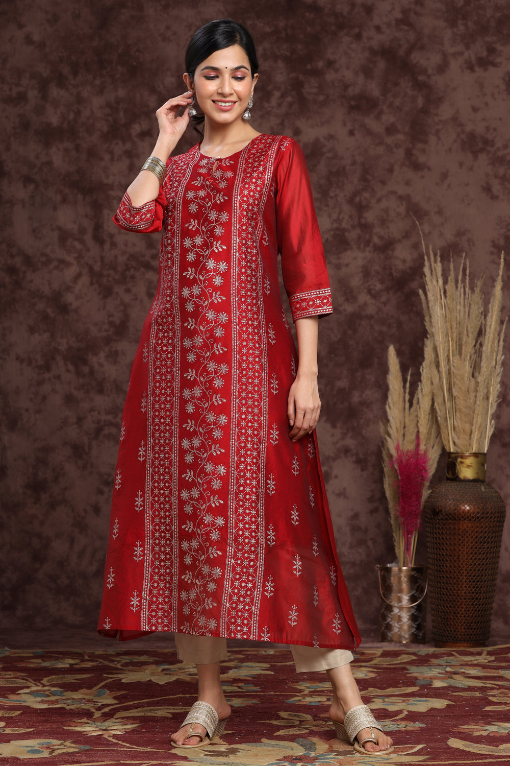 Juniper Women's Maroon Modal Chanderi Printed Straight Kurta | Grocsy