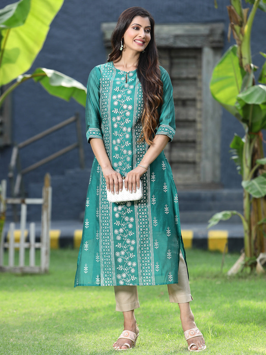 Juniper Womens Ramagreen Modal Chanderi Foil Printed Straight Kurta | Grocsy