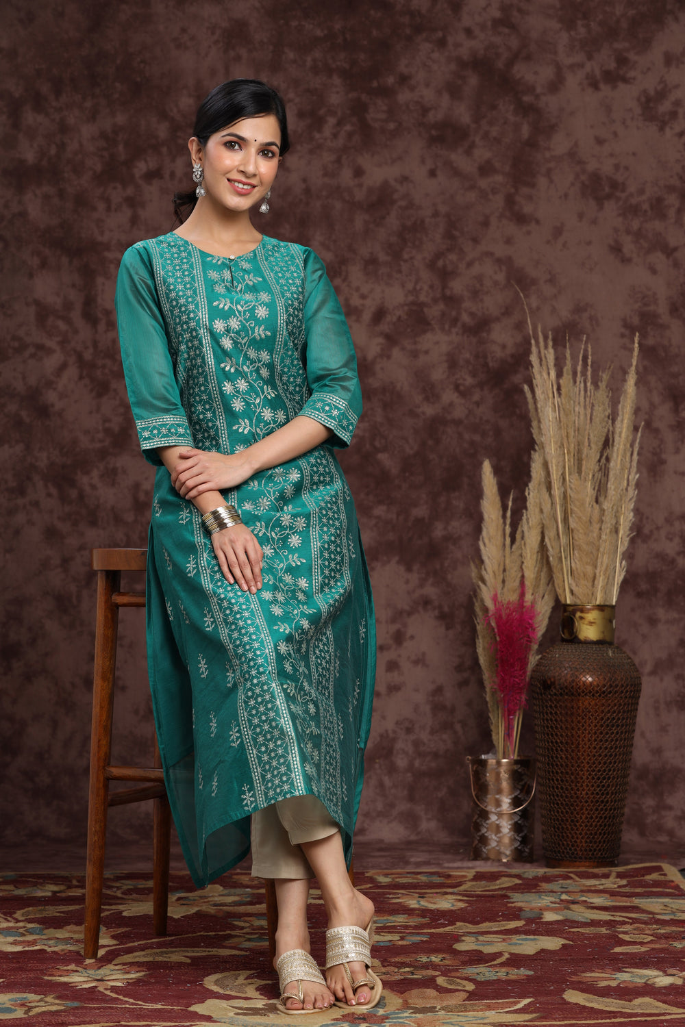 Juniper Women's Ramagreen Modal Chanderi Printed Straight Kurta | Grocsy