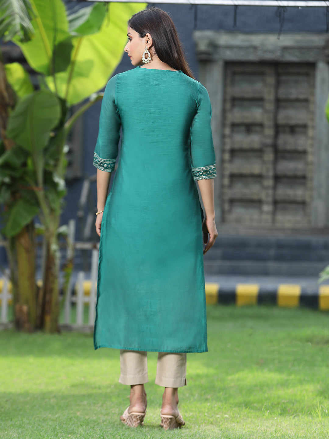 Juniper Womens Ramagreen Modal Chanderi Foil Printed Straight Kurta | Grocsy