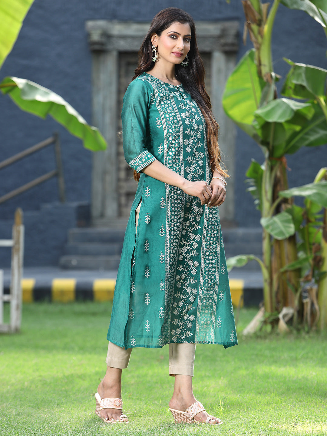 Juniper Womens Ramagreen Modal Chanderi Foil Printed Straight Kurta | Grocsy