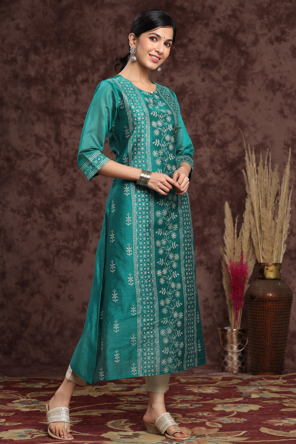 Juniper Women's Ramagreen Modal Chanderi Printed Straight Kurta | Grocsy