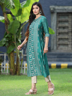 Juniper Womens Ramagreen Modal Chanderi Foil Printed Straight Kurta | Grocsy
