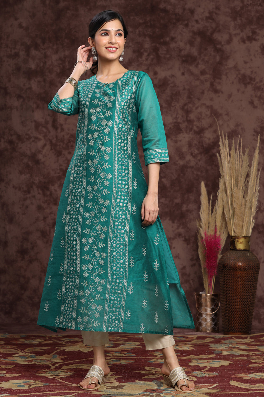 Juniper Women's Ramagreen Modal Chanderi Printed Straight Kurta | Grocsy