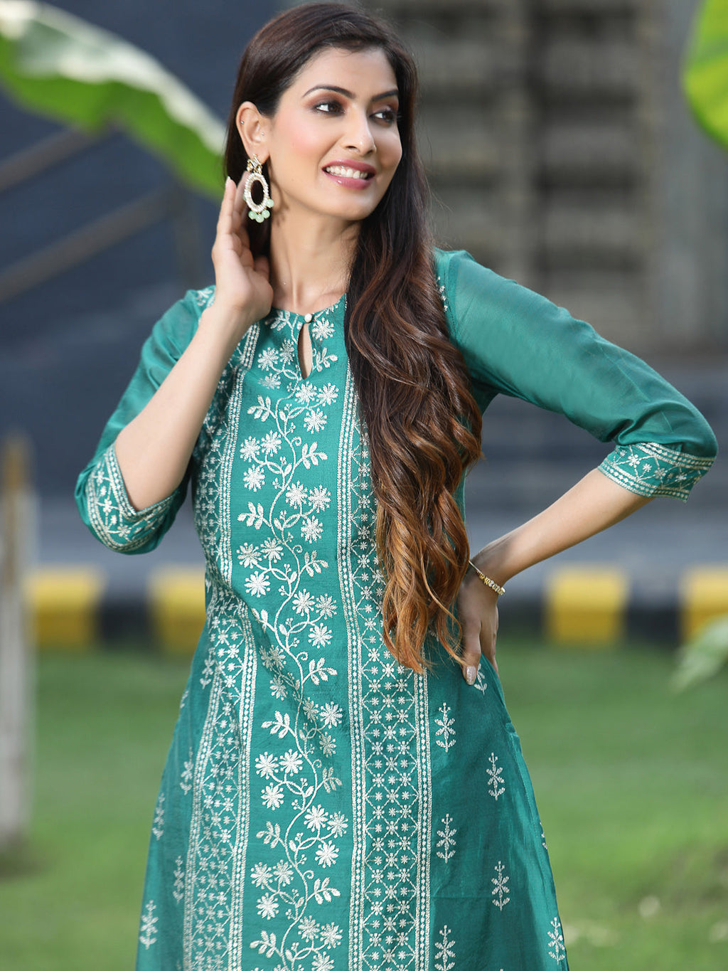 Juniper Womens Ramagreen Modal Chanderi Foil Printed Straight Kurta | Grocsy