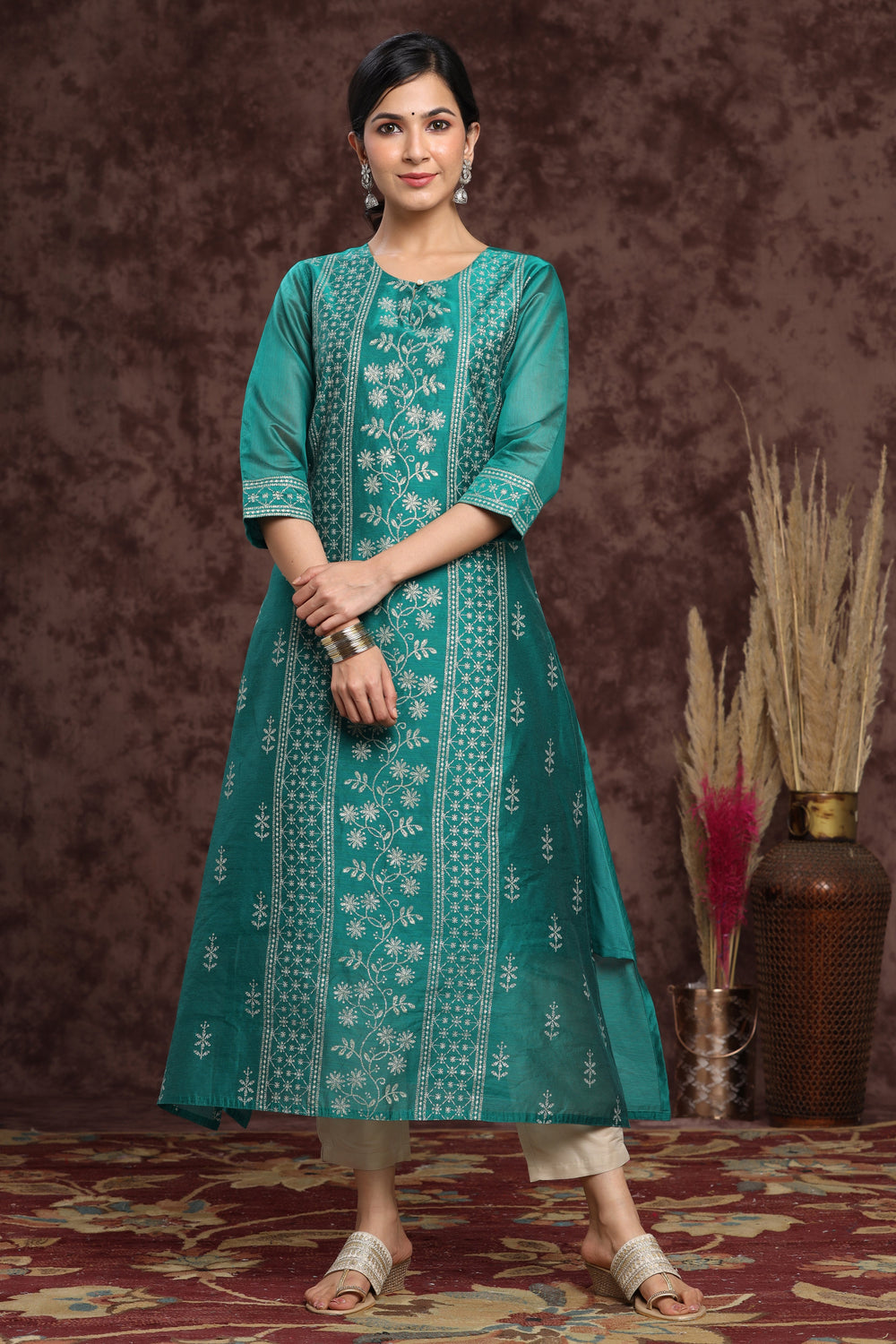 Juniper Women's Ramagreen Modal Chanderi Printed Straight Kurta | Grocsy