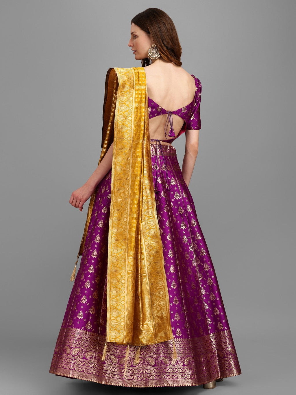 Lorenvalley Fashion Purple Brocade Fabric Lehenga & Unstitched Blouse With Dupatta | Grocsy