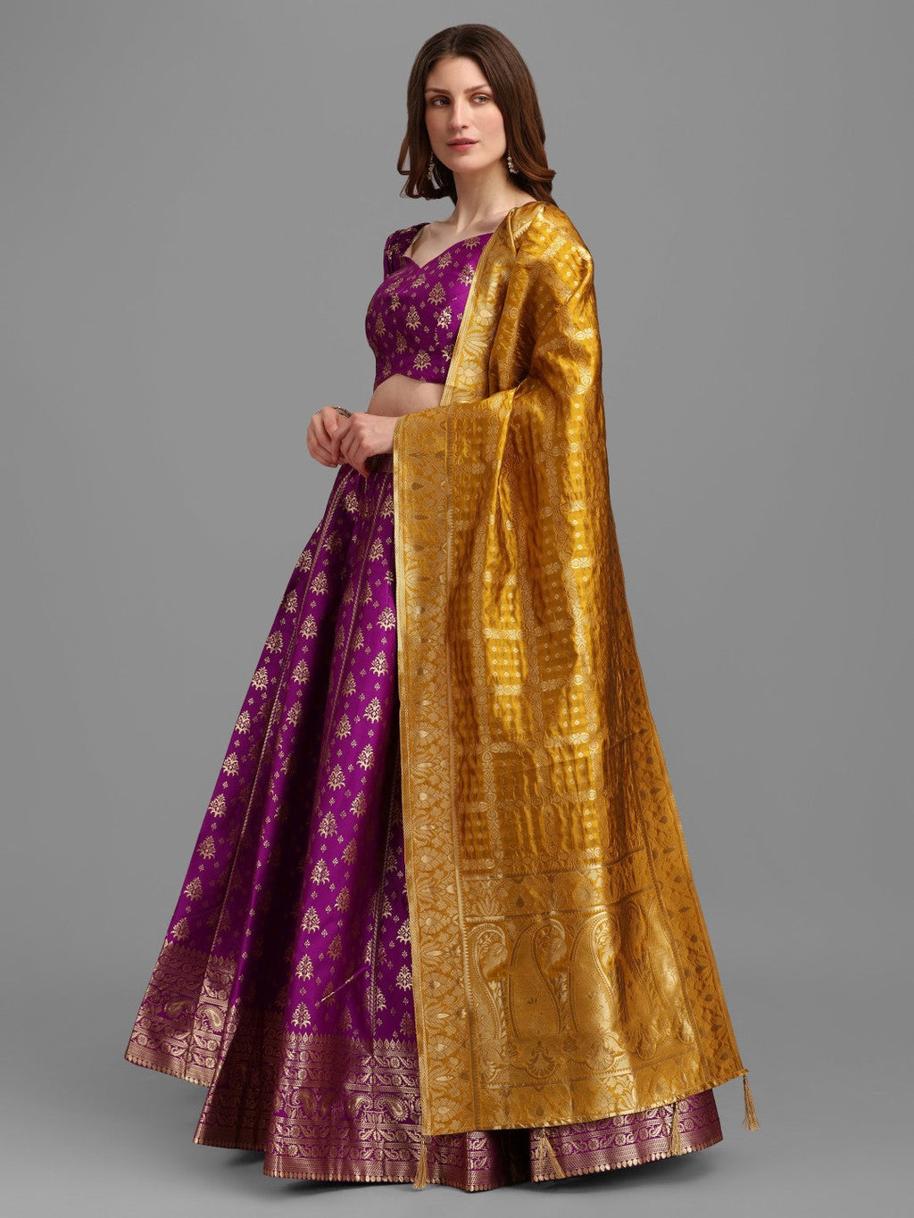 Lorenvalley Fashion Purple Brocade Fabric Lehenga & Unstitched Blouse With Dupatta | Grocsy