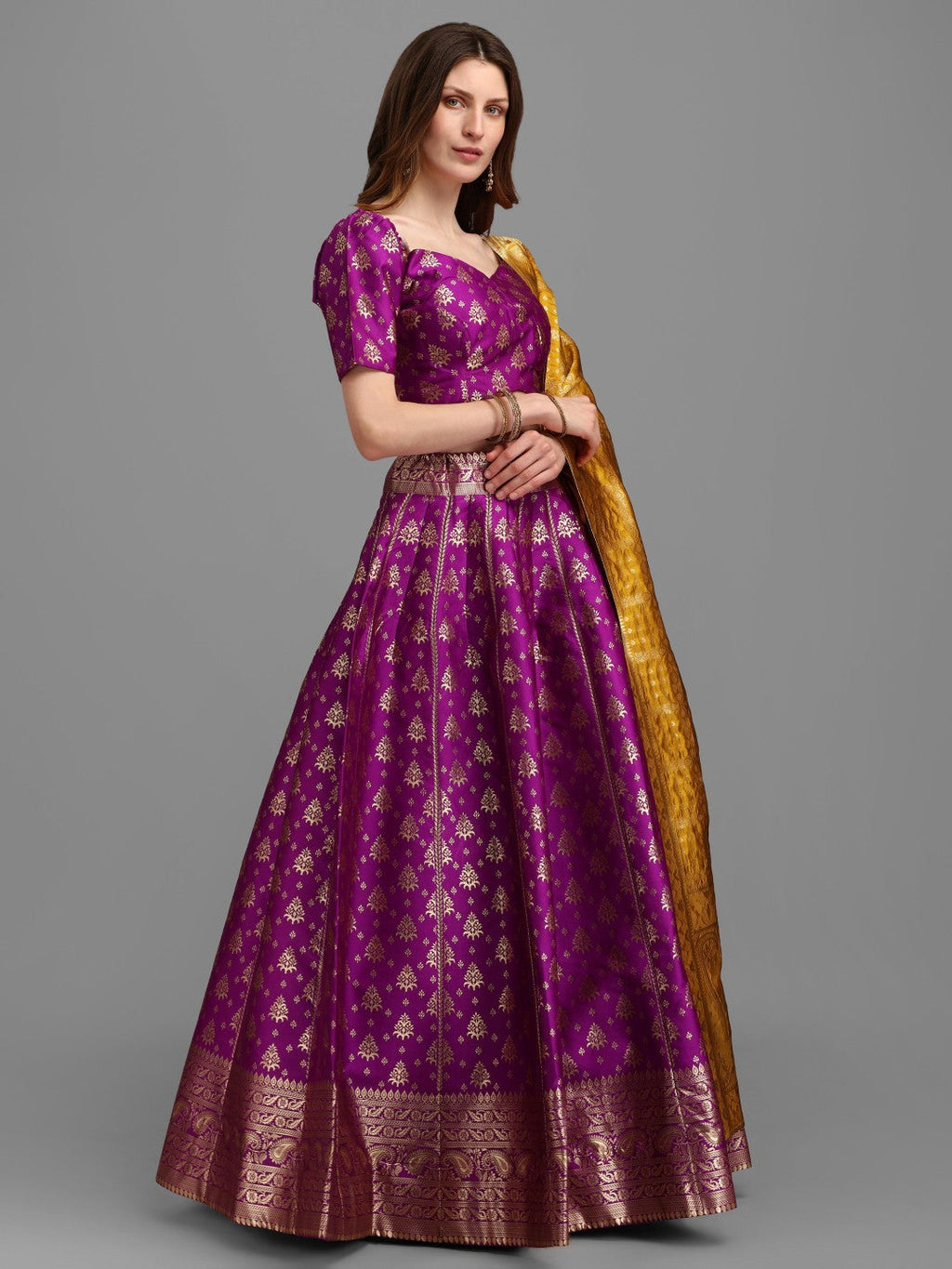 Lorenvalley Fashion Purple Brocade Fabric Lehenga & Unstitched Blouse With Dupatta | Grocsy