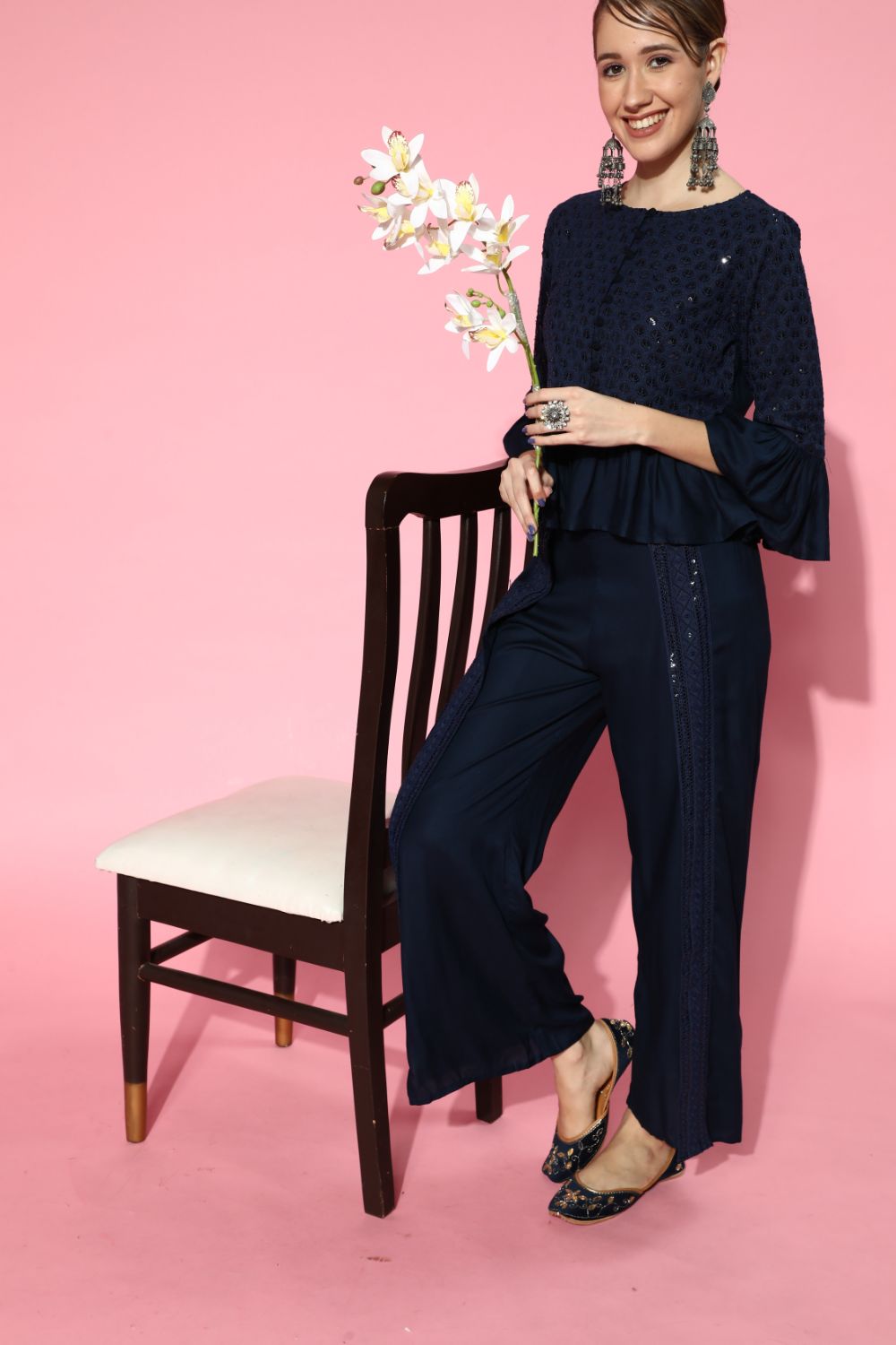 Juniper Womens Navyblue Rayon Embellished Peplum Clothing Set | Grocsy