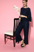 Juniper Womens Navyblue Rayon Embellished Peplum Clothing Set | Grocsy