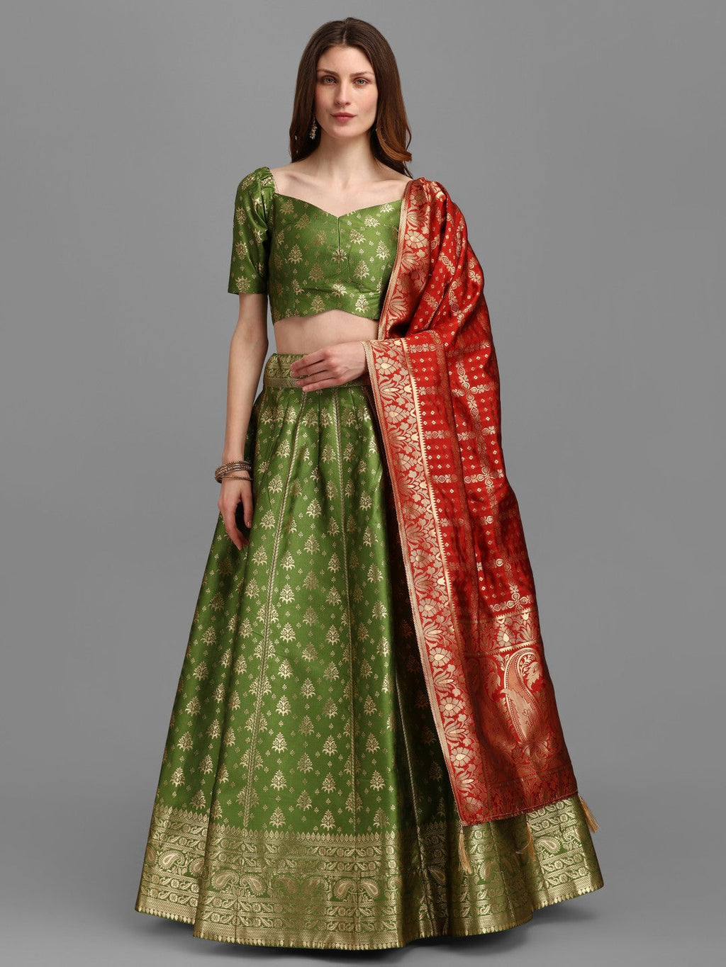 Lorenvalley Fashion Mahendi Brocade Fabric Lehenga & Unstitched Blouse With Dupatta | Grocsy